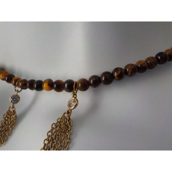Etikka Choker Necklace Tiger Eye Round Stone with 3 Crystals accents Length 16" - Picture 4 of 12